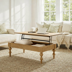 Lift-Top Coffee Table, 52 in Wide, Solid and Engineered Wood in Natural