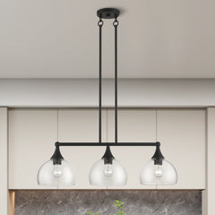 Linear Chandelier, 3 Lights, Matte Black Steel with Clear Glass Shade