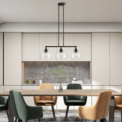 Linear Chandelier, 3 Lights, Matte Black Steel with Clear Glass Shade