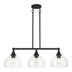 Linear Chandelier, 3 Lights, Matte Black Steel with Clear Glass Shade