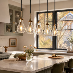 Linear Chandelier, 5-Light with Clear Glass Shades in Brass and Matte Black