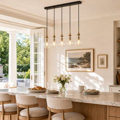 Linear Chandelier, 5-Light with Clear Glass Shades in Brass and Matte Black