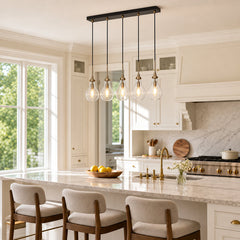 Linear Chandelier, 5-Light with Clear Glass Shades in Brass and Matte Black