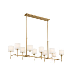 Linear Chandelier with 10 White Fabric Shades in Gold Finish
