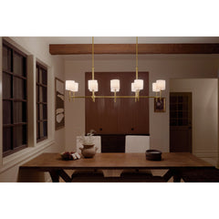 Linear Chandelier with 10 White Fabric Shades in Gold Finish