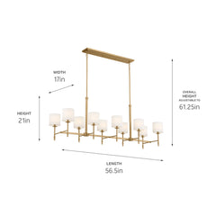 Linear Chandelier with 10 White Fabric Shades in Gold Finish