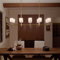 Linear Chandelier with 10 White Fabric Shades in Gold Finish