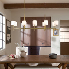 Linear Chandelier with 10 White Fabric Shades in Gold Finish