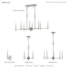 Linear Chandelier with 8 Lights in Brushed Nickel with Crystal Accents
