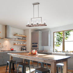 Linear Kitchen Island Chandelier with 6 Lights in Nickel and Driftwood Finish