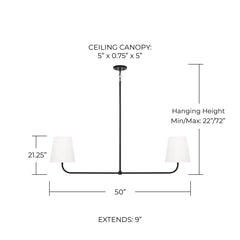 Linear Pendant Chandelier, 2 Lights, Black Steel with White Shades