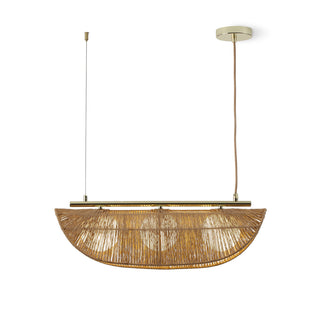 Linear Pendant Light, 3 Lights, Brown Rattan Shades with Brass Finish