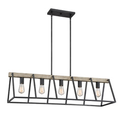 Linear Pendant Light, 5 Lights, Steel Frame with Faux Wood Plank in Dark Gray