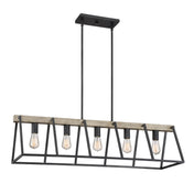 Linear Pendant Light, 5 Lights, Steel Frame with Faux Wood Plank in Dark Gray