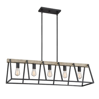 Linear Pendant Light, 5 Lights, Steel Frame with Faux Wood Plank in Dark Gray