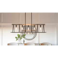 Linear Pendant Light, 5 Lights, Steel Frame with Faux Wood Plank in Dark Gray