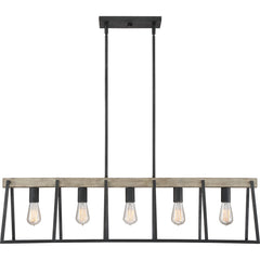 Linear Pendant Light, 5 Lights, Steel Frame with Faux Wood Plank in Dark Gray