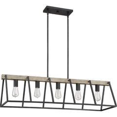 Linear Pendant Light, 5 Lights, Steel Frame with Faux Wood Plank in Dark Gray
