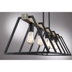 Linear Pendant Light, 5 Lights, Steel Frame with Faux Wood Plank in Dark Gray
