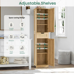 Linen Cabinet in Solid Wood with Doors and Drawers, Natural