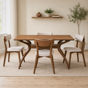 Third room | table and all four chairs in a bright flax-toned dining room, midday light