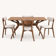 Front | walnut trestle table and four light-beige chairs centered on paper