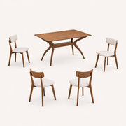 Studio | three-quarter view of the trestle base and all four upholstered chair backs