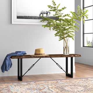 Live Edge Dining Bench, 54 in Wide, Brown and Black with Metal Legs