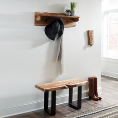 Live Edge Hall Tree with Bench and 4 Hooks, Solid Acacia Wood, Brown