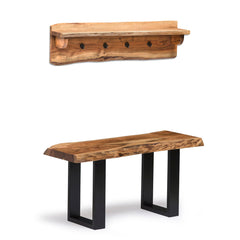 Live Edge Hall Tree with Bench and 4 Hooks, Solid Acacia Wood, Brown