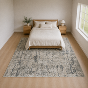 In the room | brecon beige, grey and ivory abstract rug in a bedroom
