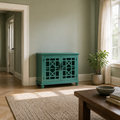 In scale | teal-green 2-door cabinet beside an uncropped full-height doorway, window and plant