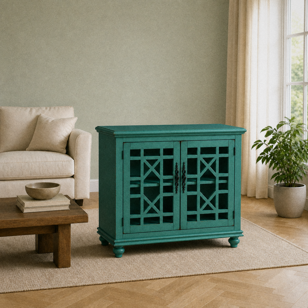 Sage room | antique teal-green painted cabinet with two lattice glass doors on a plain oatmeal rug beside a cream sofa and window