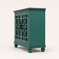 Side studio | teal-green cabinet showing the broad solid right panel, door depth, molded top and turned bun feet