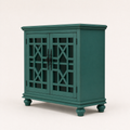Angle studio | teal-green cabinet showing both lattice doors, the solid right side panel, molded top and turned bun feet