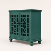 Angle studio | teal-green cabinet showing both lattice doors, the solid right side panel, molded top and turned bun feet