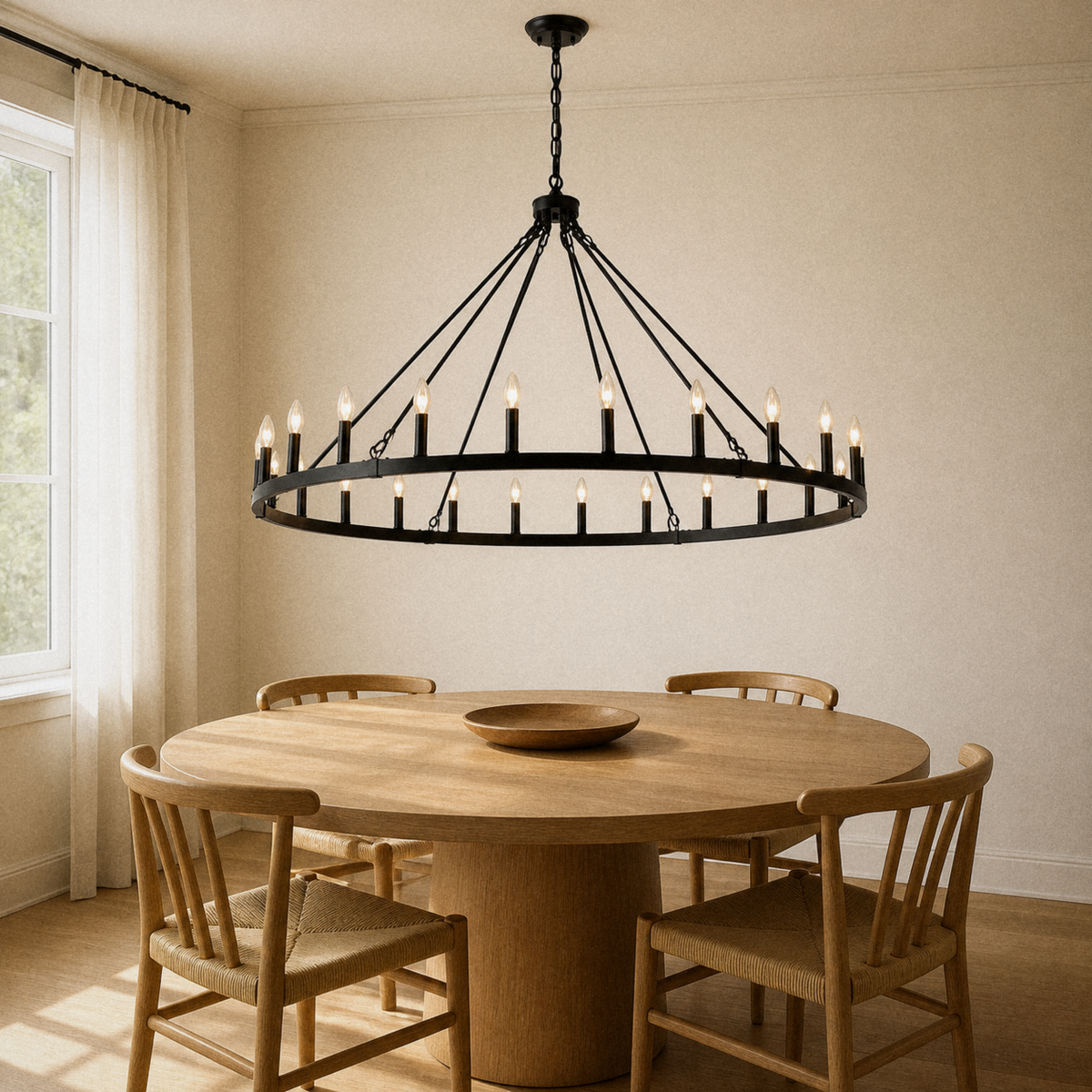 In a room | black wagon-wheel chandelier hanging over a round oak table