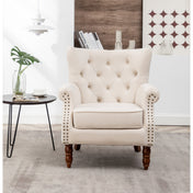 Lounge Chair, Beige Velvet, Brown Wood Legs