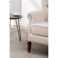 Lounge Chair, Beige Velvet, Brown Wood Legs