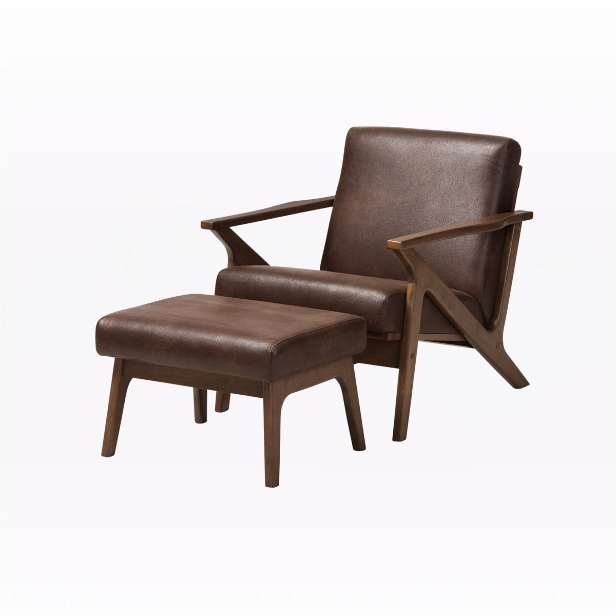 Lounge Chair with Ottoman, Brown Faux Leather with Dark Walnut Wood Frame