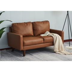 Loveseat, 2-Seater, Brown Faux Leather, Dark Brown Wood Legs