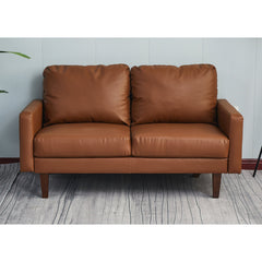Loveseat, 2-Seater, Brown Faux Leather, Dark Brown Wood Legs
