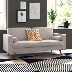 Loveseat, Beige Polyester Upholstery, Metal Frame, Brown Metal Legs