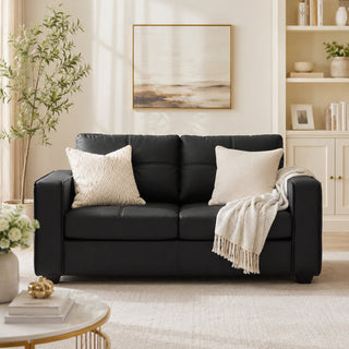 Loveseat, Black Faux Leather, Tufted Back, Square Arms, Black Legs