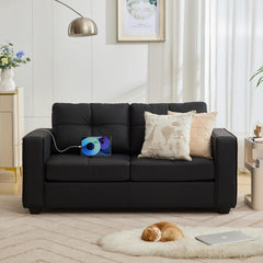 Loveseat, Black Faux Leather, Tufted Back, Square Arms, Black Legs