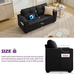 Loveseat, Black Faux Leather, Tufted Back, Square Arms, Black Legs