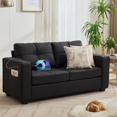 Loveseat, Black Faux Leather, Tufted Back, Square Arms, Black Legs