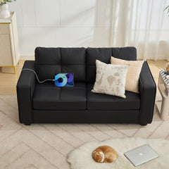 Loveseat, Black Faux Leather, Tufted Back, Square Arms, Black Legs