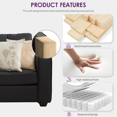 Loveseat, Black Faux Leather, Tufted Back, Square Arms, Black Legs