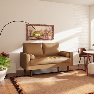 Loveseat, Brown Faux Leather, Eucalyptus Wood Frame, Tapered Legs